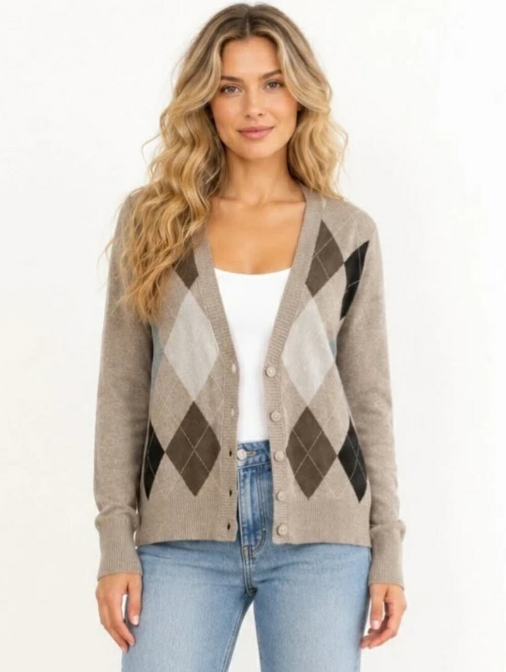 Old Navy Argyle V Neck Cardigan Sweater Tan Brown Cream Size M